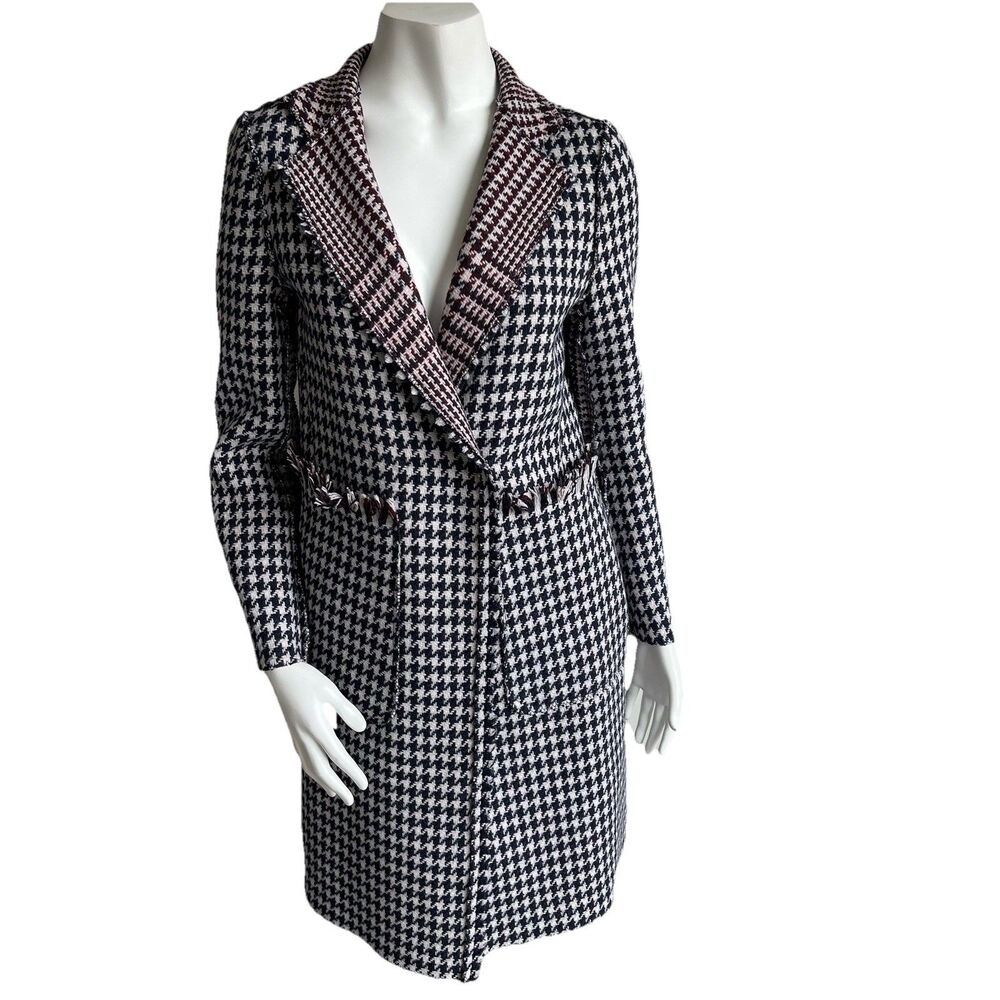 Left Turn Women's XS Houndstooth Wool‎ Blend Mid Length Coat Preppy Cozy Luxury